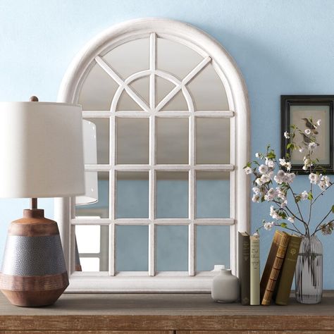 Gael Arched Accent Mirror & Reviews | Birch Lane Arched Window Mirror, Arch Window, Window Panes, Cathedral Window, Console Table Decorating, Arched Mirror, Vanity Set With Mirror, Wood Wall Mirror, Window Mirror