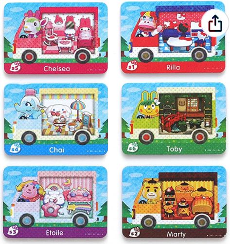 Image shows six Sanrio Animal Crossing Characters showcasing their Sanrio themed furniture sets. Top left is Chelsea the white deer with My Melody Furniture, Top right is Rilla the Blonde Gorilla with Hello Kitty Furniture, Middle left is Chai the Blue elephant with Cinnamonroll Furniture, Middle right is Toby the yellow bunny with Keroppi themed furniture, Bottom left is Etoile the purple sheep with My Twin Star furniture, and Bottom right is Marty the Yellow Cub with Pompompurin furniture. Sanrio Amiibo Cards, Animal Crossing Amiibo Cards, New 3ds, Nintendo Amiibo, Cute Disney Drawings, Animal Crossing Characters, Nintendo Switch Accessories, Switch Lite, New Video Games