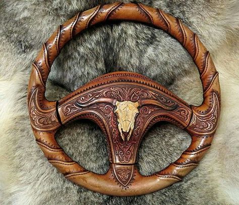 Love Truck Interior Accessories, Western Car, Cool Truck Accessories, Leather Steering Wheel, Custom Car Interior, Truck Interior, Leather Carving, Leather Art, Hand Tooled Leather