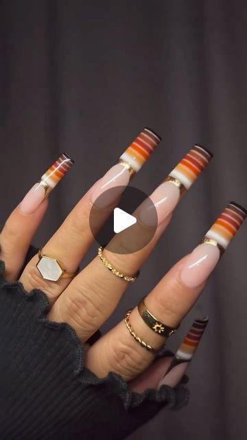 Gabrianna Barraza | Nail Artist on Instagram: "Yes or No?🍁

Dm to order custom press on nails 💅🏽

#fallnails #orangenails #brownnails #thanksgivingnails #halloweennails #stripenails #chromenails #pressonnails #easynailart #naildesigns #trendynails #viralnails #nailtutorial" Watercolor Nails, Water Color Nails, Custom Press On Nails, November Nails, Striped Nails, Thanksgiving Nails, Fall Watercolor, Brown Nails, Yes Or No