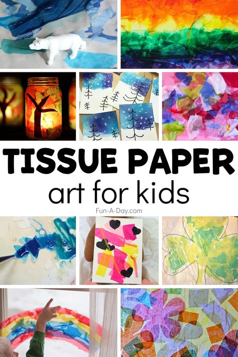 10+ tissue paper art projects perfect for preschool, pre-k, and elementary kids. Be sure to add them to your master list of art projects for kids. Click on the Fun-A-Day.com link for more information. Tissue Paper Art Projects, Tissue Paper Art For Kids, Paper Art For Kids, Shamrock Art, Apple Lessons, Tissue Paper Art, Tissue Paper Crafts, Paper Art Projects, Indoor Kids