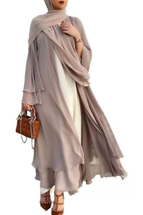 Eid Outfit | Layered Chiffon Open Abaya Check out our Eid Sale - www.lovebaya.co.uk #eidoutfit #abaya Islamic Clothing Women, Dress Arabic, Habits Musulmans, Muslim Long Dress, Dubai Women, Abaya Kimono, Long Sleeve Chiffon Dress, Dubai Abaya, Cardigan Dress