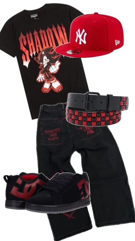 shadow dc shoes sonic red outfit grunde y2k cyber fit  dc sonic fire baggy pants baggy jeans baggy outfit cap t shirt affliction Dc Shoes Outfit, Street Skater Style, Emo T Shirt, Skater Fits, 2000s Girls, Affliction Clothing, Shirt Design Ideas, T Shirt Design Ideas, Drippy Outfit