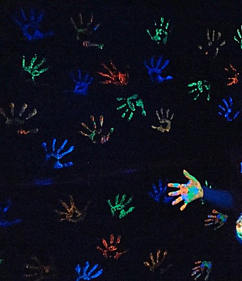 Glow in Dark Birthday Party Fun Glow Paint Handprint Wall -guestbook- Birthday Poster Ideas, Handprint Wall, Dark Birthday Party, Glow In The Dark Birthday, Dark Birthday, Glow In Dark Party, Neon Birthday Party, Glow Birthday Party, Glow Paint