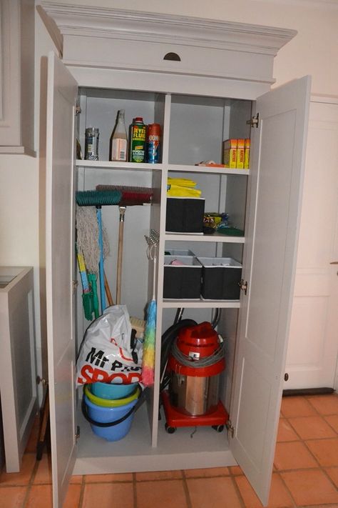 How to organise your broom cupboard the Milestone Way. Broom Cupboard In Kitchen, Broom Cupboard Ideas, Broom And Mop Storage Ideas, Organise Kitchen Cupboards, Mop Storage Ideas, Kitchen Cupboards Ideas, Storage Ideas Small Spaces, Wardrobe Interior Layout, Kitchen Renovate