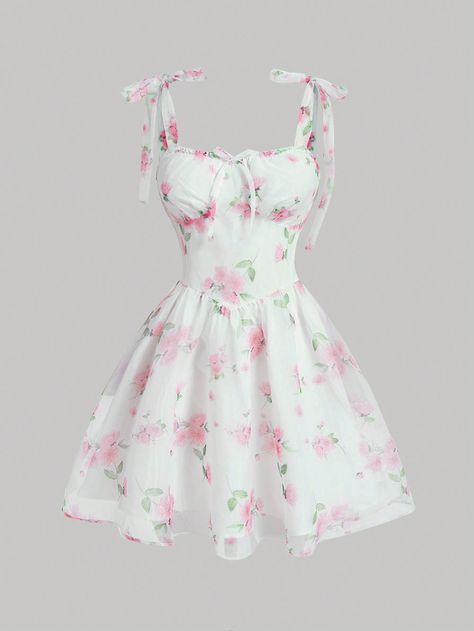 Multicolor Boho Collar Sleeveless Polyester Floral Cami Embellished Non-Stretch  Women Clothing Vestiti Aesthetic, Corset Dress Aesthetic, White Dress With Pink Flowers, Short Flower Dress, Floral Short Dress, Doctor Dress, Fashion Design Patterns, Cute Dress Outfits, Floral Dresses Short