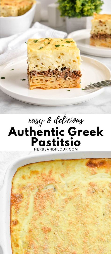 Greek Pastitsio or Pastichio is Greek comfort food at its best! This Greek layered casserole dish is compromised of luscious layers- pasta layers, an aromatic meat sauce layer, and a lusciously creamy and thick bechamel sauce. Authentic Greek Pastitsio Recipe, Greek Pastitsio Authentic, Greek Pasta Dishes, Pastitsio Recipe Easy, Greek Pastitsio Recipe, Pasticio Recipe Greek Pasta, Greek Lasagna Pastitsio, Pastichio Recipe Greek, Pastitsio Recipe Authentic