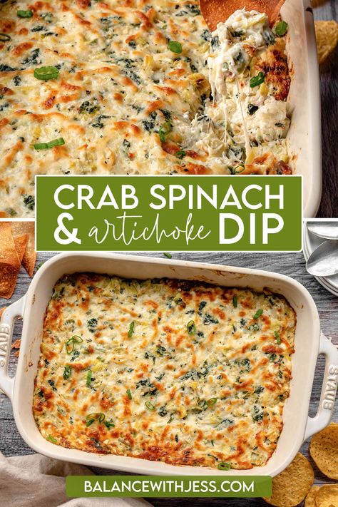 This is the best hot Spinach Artichoke Dip with Crab out there! It's super rich & creamy with three different cheeses, flaky crab meat, spinach, and artichoke. This easy homemade dip is baked to golden perfection and is great with chips, crackers, veggies, and more! The perfect appetizer for Super Bowl, holiday, game night, potlucks, and family dinners. 11 ingredients, gluten free, 45 minutes. Spinach Artichoke Dip Charcuterie Board, Red Lobster Spinach Artichoke Dip, Crawfish Spinach Artichoke Dip, Spinach Artichoke Dip With Crab Meat, Creamy Crab Spinach Dip, Artichoke Crab Dip Recipe, Crab Artichoke Dip Baked, Seafood Spinach Artichoke Dip, Pappadeaux Crab And Spinach Dip Recipe