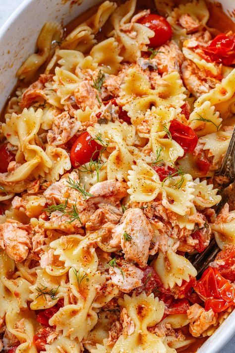 Baked Salmon Pasta Recipes, Salmon Over Pasta, Pasta That Goes With Salmon, Salmon Pasta Bake Recipes, Baked Feta Pasta With Salmon, Salmon Bowtie Pasta, Salmon Feta Pasta, Baked Salmon Pasta, Salmon Pasta Recipes Tomato