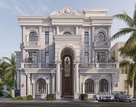 Neo Classic Building, Neo Classical Elevation, Neo Classic Villa Exterior, Neoclassic Exterior, Neo Classic Villa, Classic Villa Exterior, Villa Classic, Luxury Exterior Design, Stair Design Architecture