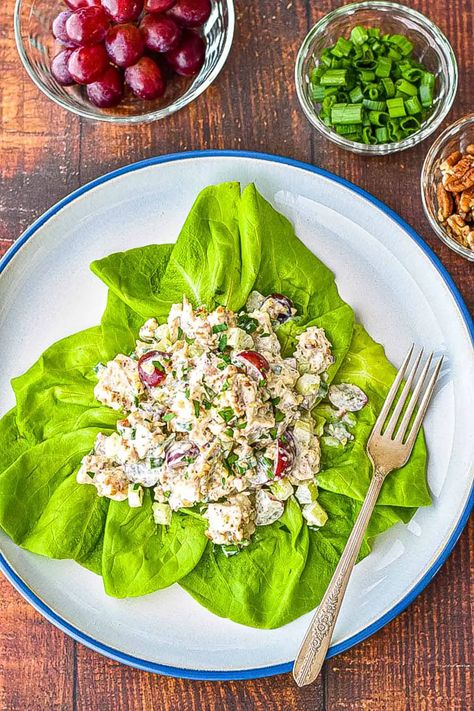 This low FODMAP Classic Chicken Salad with Grapes and Pecans has a wonderful balance of sweet and savoury flavours that make every bite a delight to eat. One of three low FODMAP chicken salad variations. Paleo & Whole30 compliant. #goodnomshoney #lowfodmap #chickensalad #classicchickensalad #paleo #whole30 #springrecipes #summerrecipes Whole 30 Chicken Salad, Salad Variations, Whole 30 Chicken, Whole30 Chicken Salad, Chicken Salad Dressing, Curried Chicken Salad, Fodmap Chicken, Low Fodmap Chicken, Whole30 Lunch