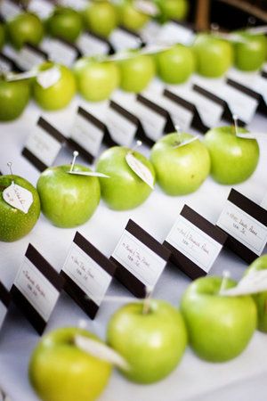 apples Apple Wedding, Tea Party Table, Ideas For Wedding Decorations, Orchard Wedding, Wedding Name Cards, Apple Decorations, Wedding Green, Fruit Decorations, Fall Wedding Centerpieces