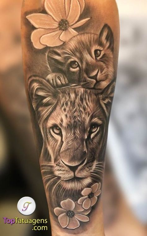 Lion With Flowers, Lioness And Cub Tattoo, Mama Tattoos, Female Lion Tattoo, Cubs Tattoo, Lioness Tattoo, Female Lion, Lion Tattoos, Mommy Tattoos