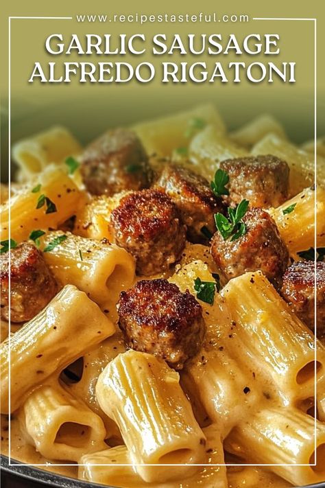 This Garlic Sausage Alfredo Rigatoni is a creamy, savory pasta dish that combines rich Alfredo sauce with tender rigatoni and flavorful garlic sausage. A quick and satisfying meal that’s perfect for dinner! Rigatoni Pasta Recipes Ground Beef, Pasta Recipes Ground Beef, Pasta With Smoked Sausage, Alfredo Rigatoni, Rigatoni Pasta Recipes, Rigatoni Noodles, Sausage Alfredo, Smoked Sausage Pasta, Ditalini Pasta