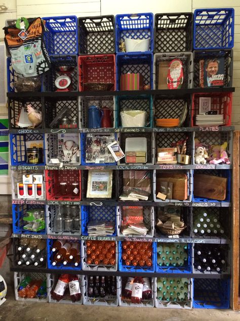 Love this milk crate shelf at Brookfield General Store Plastic Crate Shelves On Wall, Plastic Milk Crate Shelves, Milk Crate Wall Shelves, Milk Crate Aesthetic, Diy Shelf With Crates, Milk Crate Shelves Diy, Milk Crate Shelf, Milk Crate Bookshelf, Milk Crate Shelves