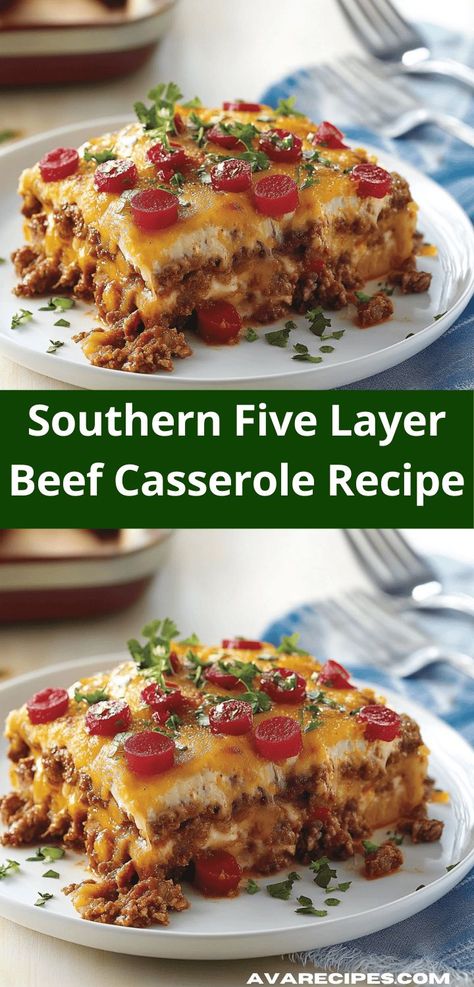 Looking for a hearty family dinner? This Southern Five Layer Beef Casserole is packed with mouthwatering flavors and layers of goodness. It's an easy casserole recipe that everyone will love, perfect for busy weeknights. Casserole Recipes For Family, Quick And Easy Casserole Recipes, Casseroles With Ground Beef, Casserole Recipes With Ground Beef, Easy Casserole Recipes For Dinner, Quick Casserole, Quick Casserole Recipes, Craving Tasty, Delicious Casserole Recipes