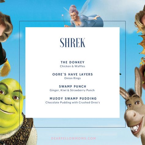 Shrek Movie Night Dinner, Disney Movie Night Food Ideas, Shrek Movie Night Food, Shrek Movie Night, Movie Themed Dinner Ideas, Family Movie Night Themes, Disney Movie Night Menu, Family Night Activities, Disney Themed Movie Night