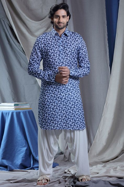 Featuring an indigo pathani kurta in linen silk base with shoulder flaps and print. It is paired with contrasting rayon patiala salwar pants.  FIT: True to size. COMPOSITION: Linen silk, Rayon. CARE: Dry clean only. Pathani For Men, Pathani Kurta, Salwar Pants, Gents Kurta Design, Gents Kurta, Indigo Linen, Kurta Men, Patiala Suit, Salwar Designs