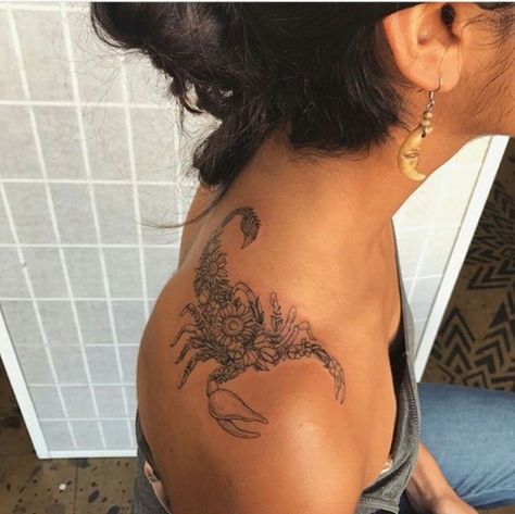 Scorpion Tattoo On Shoulder, Scorpio Leg Tattoo Women, Scorpion Tattoo With Flowers, Flower Scorpion Tattoo, Scorpion Shoulder Tattoo, Scorpion With Flowers Tattoo, Scorpion Flower Tattoo, On Hand Tattoo, Flower Tats