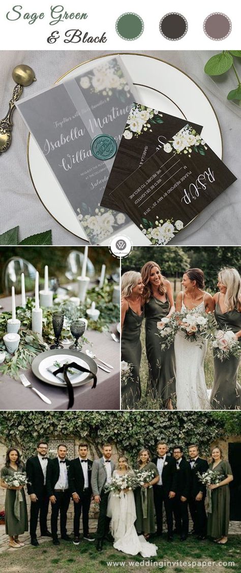 Top 6 Sage Green Weddings Color Palettes---Sage & Black, fall and  winter wedding with moody theme with vellum invitation, diy wedding centerpieces, bridesmaid  dresses. Sage Green And Black Wedding Party, Olive Green And Burgundy Wedding, Black And Olive Green Wedding, Sage And Black Wedding, Black And Sage Green Wedding, Olive Green Wedding Party, Sage Green And Black Wedding, Black And Silver Wedding Theme, Olive Green Wedding Theme Color Schemes