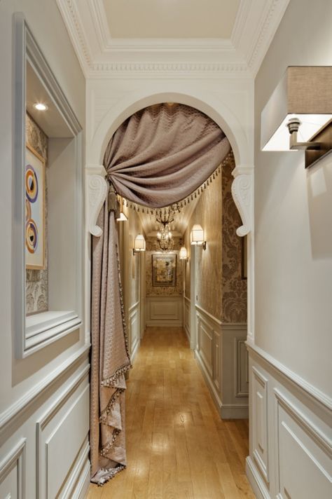 curtain adds such a lovely touch Hallway Designs, Ceiling Design Bedroom, Trendy Living Rooms, Living Room Ceiling, Dream House Interior, Curtain Designs, Living Room With Fireplace, Curtain Decor, Dream House Decor