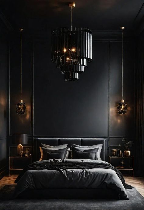 18 Bold Black Bedroom Ideas: Embrace Elegance 21 All Black Bedroom, Dark Modern Bedroom, Black Bedroom Ideas, Black Bedroom Design, Black Bedroom Decor, Romantic Bedroom Decor, Luxury Bedroom Decor, Black Bedroom Furniture, Dark Bedroom