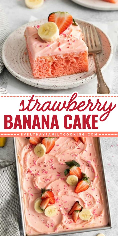 This Strawberry Banana Cake is a delicious summer dessert that starts with a strawberry cake mix, instant banana pudding mix, and strawberry frosting. Add this cake recipe to your fruity Spring desserts! Strawberry Banana Cake, Strawberry Banana Cakes, Strawberry Recipes Easy, Easy Spring Recipes, Instant Banana Pudding, Desserts With Few Ingredients, Loaf Cakes, Strawberry Cake Mix, Strawberry Frosting