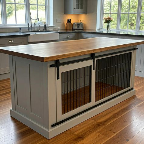 Dog crate kitchen island in light grey with medium oak worktop. Provides a safe space for your dog where they cannot get into potentially dangerous situations, such as chewing on electrical cords or eating harmful substances. Space saving design. #dogcages #dog #dogcage #dogs #puppies #petproducts #pet #dogcrate #cab #doghouse #cages #dogbed #k #dogkennel #pets #kennels #petbed #dogbox #dogwalker #petcage #frenchie #dogcare #dogsofinstagram #crate #catscratcher #stainlesschain #dogoftheday ... Dog Crate Island, Dog Cage Kitchen Island, Dog Crate Kitchen Island, Kitchen Island Dog Kennel, Dog Crate Kitchen, Dog Eating Area, Hidden Dog Crate, Dog Crates Ideas, Built In Dog Crate