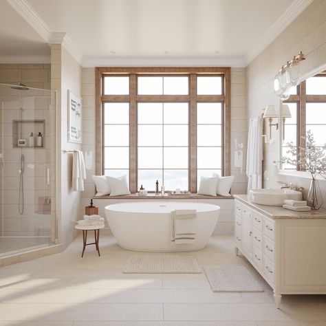 12 Brilliant Small Bathroom Design Ideas to Maximize Your Space Bathroom With Whirlpool Tub Ideas, Free Standing Tub In Corner, Free Standing Bath Tub Small Bathroom, Stand Alone Bath Tub Shower Combo, Soaking Tub Ideas, Neutral Bathroom Decor Ideas, Bath Tub Ideas, Stand Alone Bath Tub, Soaker Tubs