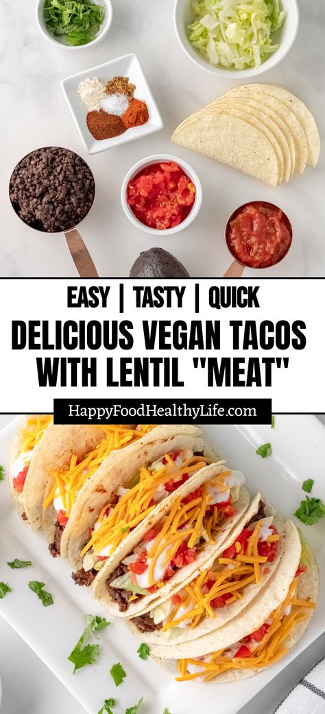 Try these Yummy Vegan Tacos with Lentil "Meat"! Your family will love this new twist on a classic favorite. The vegan taco "meat" is quick and easy to make, taking less than 20 minutes. This plant-based recipe is perfect for a meatless meal that's full of delicious veggies like lentils, salsa, vegan cheese, and shredded lettuce. Don't forget the vegan sour cream for extra yumminess! Beyond Meat Tacos, Beef And Lentil Taco Meat, Walnut Lentil Taco Meat, Vegan Lentil Tacos, Lentil Taco Meat, Walnut Taco Meat Vegan, Vegan Lentil Taco Meat, Lentil Tacos Recipes, Vegan Tacos Recipes