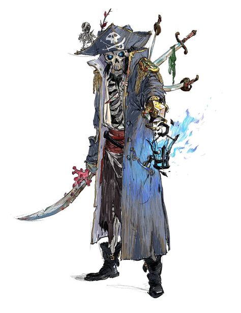 Pirate Mythology, Pirate D&d, Skeleton Character Art, D&d Pirate, Dnd Pirate Character Design, Dnd Pirate Art, Pirate Concept Art, Pirate Character Design, Future Pirate