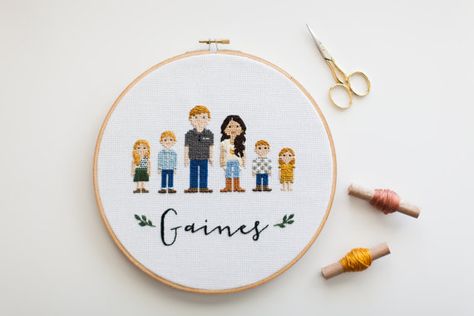 4-6 Figure Custom Family Portrait  Cross Stitch Finished Embroidery Portrait, Portrait Cross Stitch, Portrait Embroidery, Embroidery Hoop Crafts, Embroidered Portrait, Embroidery Hoop Wall Art, Custom Cross, Contemporary Embroidery, Cross Stitch Finishing