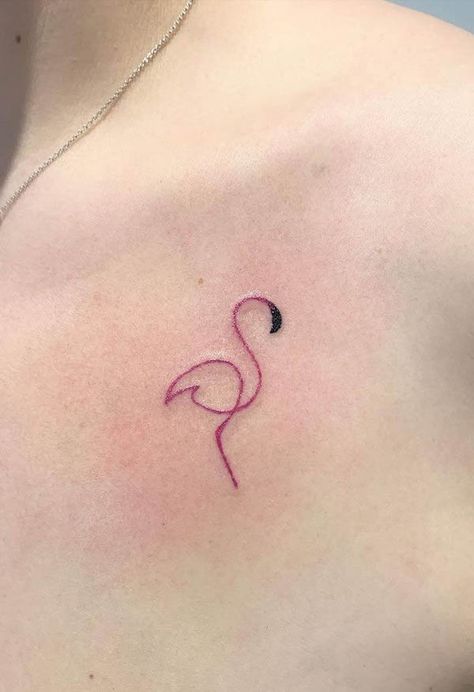 Simple abstract flamingo chest tattoo by @mat.tattoo.studio Small Girly Tattoos With Meaning Unique, Small Pink Tattoo Ideas, Random Fun Tattoos, Tiny Flamingo Tattoos For Women, Single Line Flamingo Tattoo, Flamingo Wrist Tattoo, Flamingo Finger Tattoo, Flamingo Tiny Tattoo, Small Pink Flamingo Tattoo