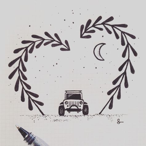 Jeep lovers sketch -by sarah glasser Small Jeep Tattoos For Women, Thar Jeep Drawing, Jeep Tattoos For Women, Jeep Tattoo Ideas, Jeep Doodle, Jeep Sketch, Jeep Tattoos, Lovers Sketch, Jeep Drawing