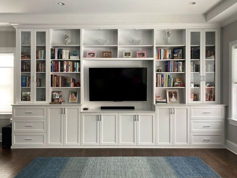 Wall To Wall Tv Cabinet, Bookcase Cabinet Wall Units, Built In Bookcase Around Tv, Living Room Built In Units, Built In Media Center, Sectional Living Room Decor, Bookcase Makeover, Dnevna Soba, Tv Built In