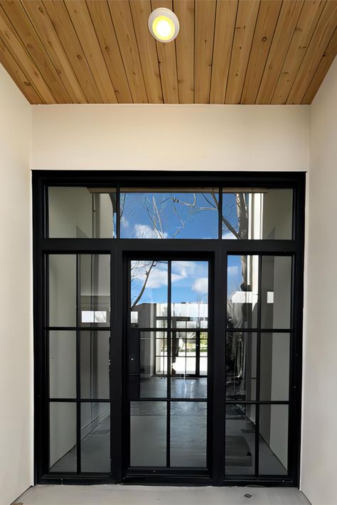 This is our Steel French single door, with sidelights with transom. French Doors With Transom, Homestead Property, Door With Sidelights, Exterior Door Designs, Steel Doors Exterior, Garage Renovation, Doors Design, Doors Exterior, Steel Windows