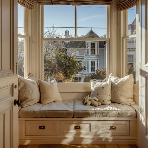 A charming bench in window with plush cushions and pillows provides a serene spot to relax and soak in the natural light Bay Window Bench Diy, Bay Window Seat Design, Bay Window Seats, Bay Window Bench Seat, Bay Window Seat Ideas, Bay Window Storage, Ikea Window Seat, Bay Window Benches, Bedroom Window Seat