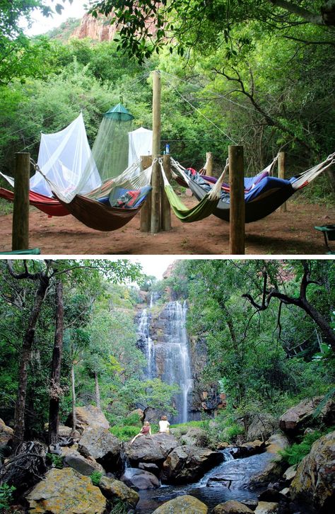 A magical place of tranquility in Limpopo. #limpopo #waterfall #magicalplace #hammock Hammock Circle, Forest Hammock, Hammock House, Hammock Area, Natural Play Spaces, Bush Lodge, Mountain Land, Kids Hammock, Camping Classroom