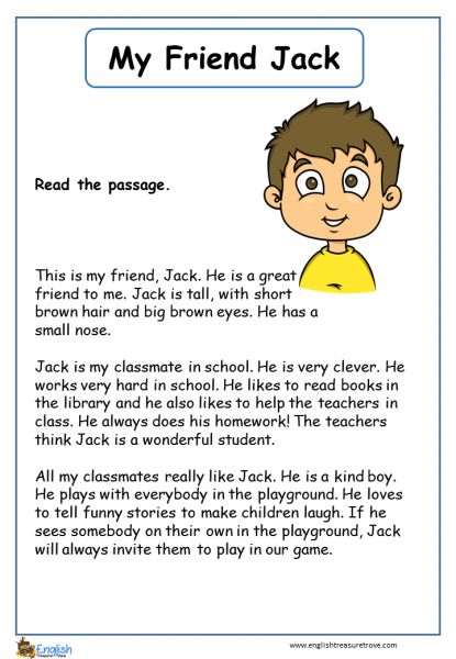 My Friend Jack English Comprehension Worksheet – English Treasure Trove English Text For Beginners, English Text Reading, English Language Activities, Text English, Tatabahasa Inggeris, Materi Bahasa Inggris, Reading Comprehension For Kids, English Stories For Kids, Reading Comprehension Lessons