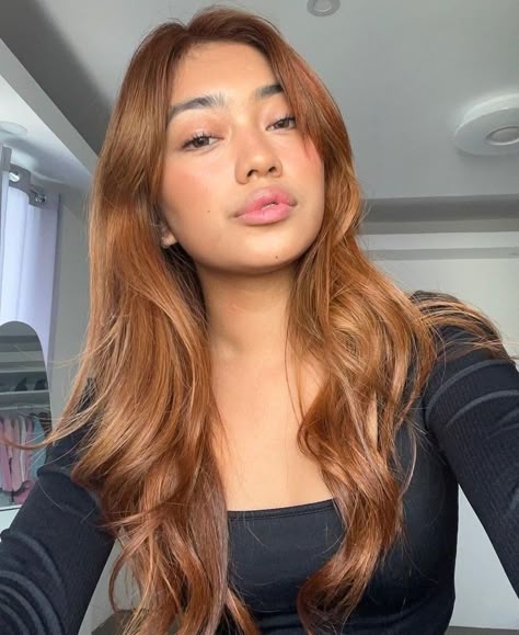 Asian Orange Hair, Red Hair Dark Eyebrows, South East Asian Makeup, Ginger Hair Asian, Ginger Hair On Tan Skin, Hair Color For Tan Skin Asian, Tan Skin Hair Color Ideas, Red Hair Tan Skin, Hair Color For Tan Skin