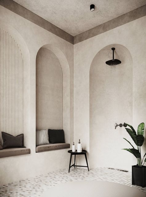 Arch In Bedroom, Plaster Bench, Arches Interior, Alcove Design, Ruangan Studio, Concrete Effect Paint, Tv Set Design, Hair Salon Interior, Japandi Living