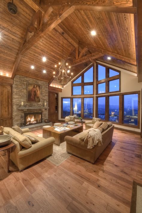 Timber Frame Great Room, Mountain Home Interiors, Calming Environment, Lodge Room, Cabin Living Room, Cabin Living, Timber Frame Homes, Rustic Living, Barn House Plans