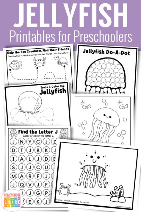 Jellyfish Worksheets for Preschoolers (free!) - Homeschool Share Jellyfish Learning Activities, Jellyfish Activity Preschool, Jellyfish Craft Preschool Free Printable, Jellyfish Worksheets Preschool, Jellyfish Activity, J For Jellyfish, Jellyfish Activities, Jellyfish Activities For Kids, Jellyfish Activities Preschool