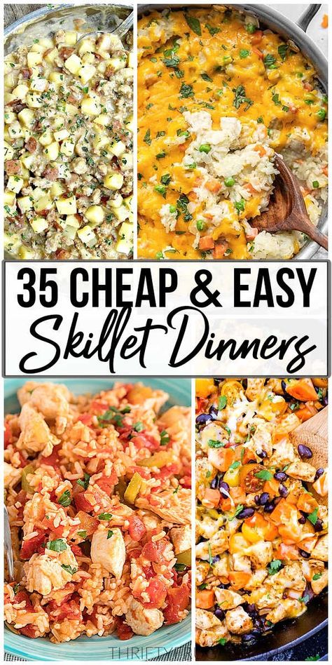 These one skillet dinners are cheap, easy and delicious! Lots of recipe options- chicken, ground beef, sausage, mexican, meatless and more. Cheap Easy Dinners For One, Cheap Skillet Dinners, Stove Top Skillet Meals, Cheap Meat Recipes, Cheap Dinners Recipes, Cheap Stove Top Meals, Cheap Dinners For A Family Skillet, Stovetop Recipes Dinners, Cheap One Pot Meals