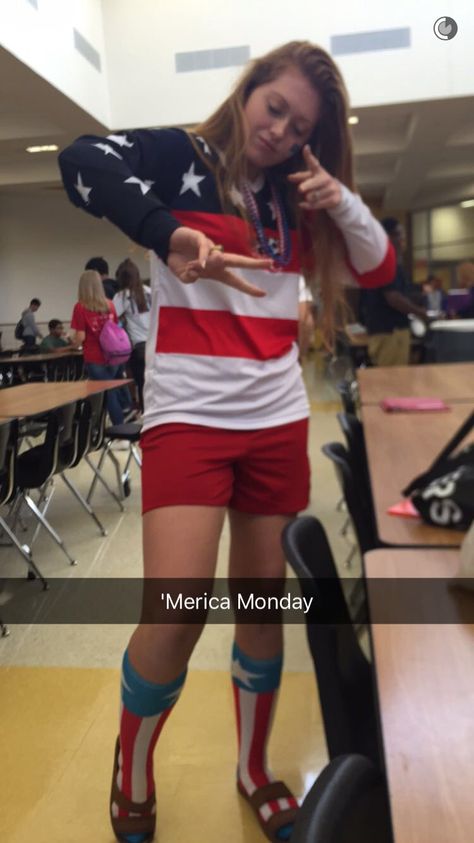 'Merica Monday Merica Monday, Senior Homecoming, Old Lady Costume, Spirit Week Outfits, Week Outfits, Homecoming Week, Crazy Hat Day, Party Queen, Hat Day