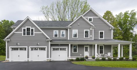 Stately Farmhouse Colors | Farmhouse Exterior Style Gallery | Behr Colonial House Colors, Gray Color Schemes, Farmhouse Exterior Colors, Farmhouse Colors, Exterior Gray Paint, Gray House Exterior, Gray Exterior, Gray House, Farm House Colors