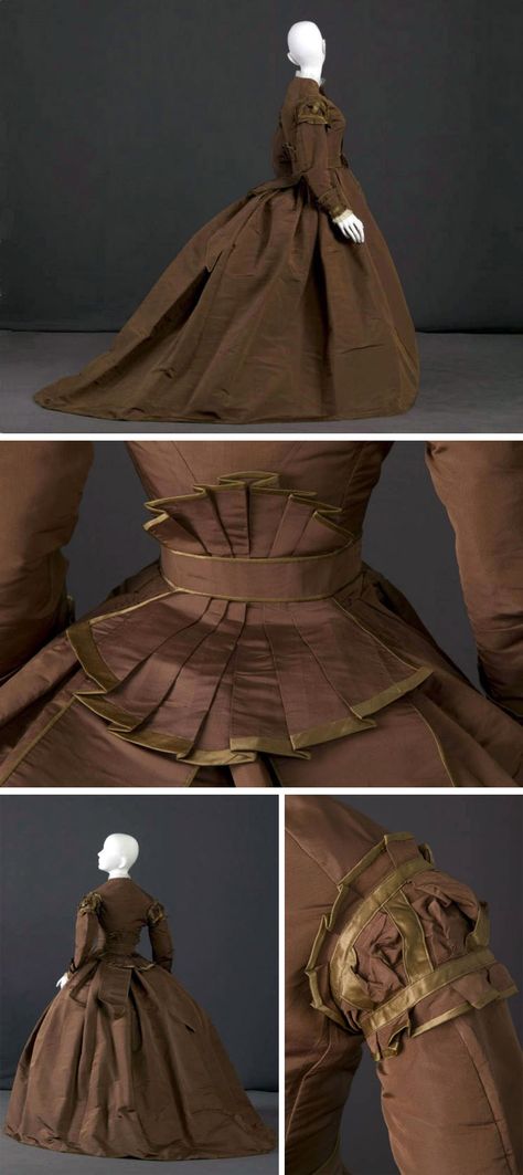 Trousseau dress, 1869. Dark brown silk poplin trimmed with light brown-yellow silk satin. Bodice has crew neckline with long sleeves & center front button closure. Skirt is full with cartridge pleats into waistband & small train. Belt has fishtail design at center back and closes with hook & eyes. Chicago History Museum Late 1860s Fashion, 1869 Dress, Early Victorian Fashion, Cartridge Pleats, 1860s Dresses, Moda Medieval, Istoria Modei, Chicago History Museum, 1860 Fashion