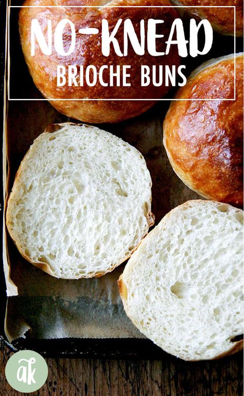 These are the best and easiest brioche buns you will ever make — the no-knead dough seriously comes together in 10 minutes (or less!), and the buns can be ready to shape in 2-3 hours. You also can let the dough rise overnight in the fridge, if that timing works out better for you. Look no further — these brioche buns are it! #buns #bread #brioche #memorialday #julyfourth Alexandra Cooks, Brioche Recipes, Subway Bread, Bread Brioche, Molasses Bread, Vegetarian Burgers, Skillet Bread, Brioche Rolls, Brioche Recipe