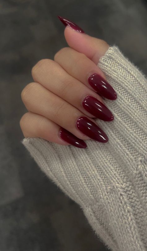 so scarlet it was maroon Long Almond Burgundy Nails, Selena Quintanilla Red Nails, Dark Maroon Nails Burgundy, Marron Nails Acrylic, Cute Maroon Nails, Mehroon Nail Extensions, Light Maroon Nails, Marron Nail Ideas, Dark Red Nails With Gems