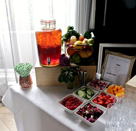 Cocktail Bar Party Drink Stations, Pimms Station, Self Serve Alcohol Bar Party, Self Serve Cocktail Bar Ideas, Party Drink Table Beverage Stations, Mojito Station Drink Bar, Bar Ideas For Wedding, Cocktail Bar Ideas, Tropical Disco